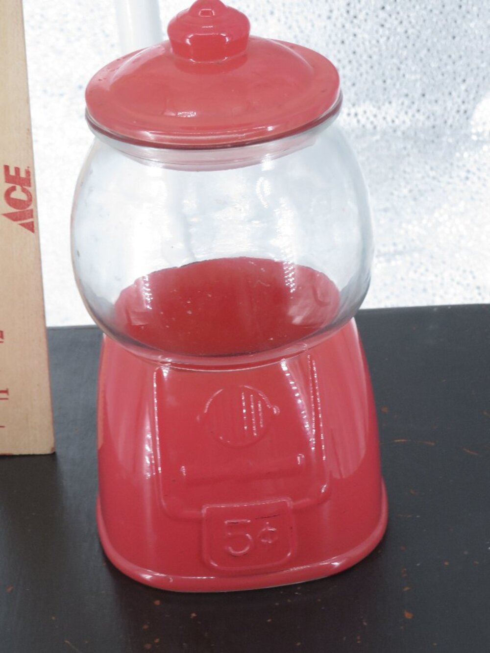 gumball machine candy jar red glass 8 in retro style canister container 5 cent